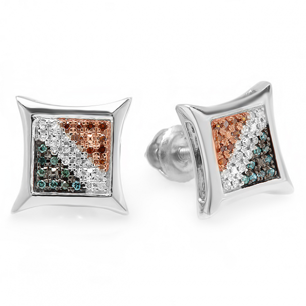 0.10 Carat Blue, White & Red Round Diamond Kite Shape Stud Earrings – Micro Pave Setting, 1/10 CT Total Weight