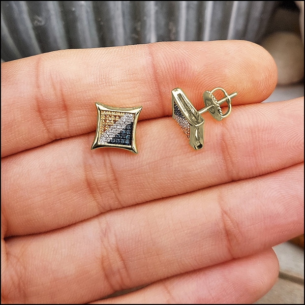 0.10 Carat (ctw) 14K White Gold Diamond Kite Shape Stud Earrings - Blue, White & Yellow Stones - View #3