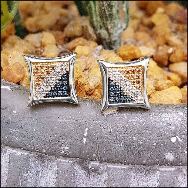 0.10 Carat (ctw) 14K White Gold Diamond Kite Shape Stud Earrings - Blue, White & Yellow Stones - View #6