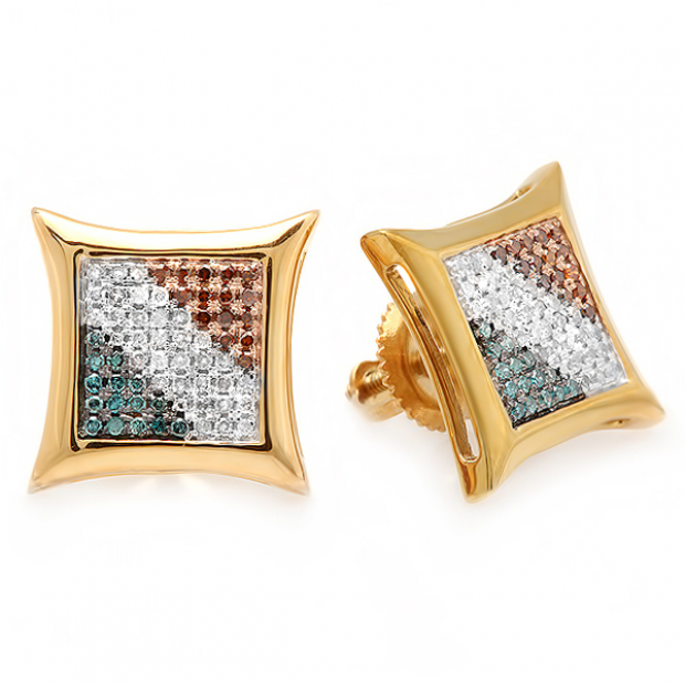 0.10 Carat (ctw) 14K White Gold Diamond Kite Shape Stud Earrings - Blue, White & Yellow Stones - View #8