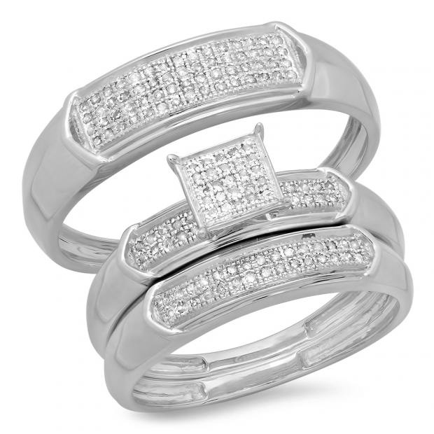 Sterling Silver ctw Round White Diamond Mens /& Womens Micro Pave Trio Bridal Wedding Set Dazzlingrock Collection 0.65 Carat