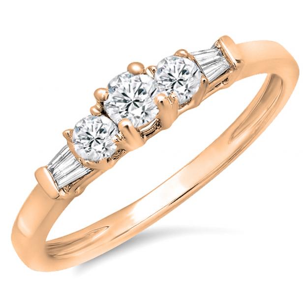 0.45 Carat (ctw) 10K Rose Gold Round & Baguette Cut Diamond Ladies 3 Stone Engagement Bridal Ring