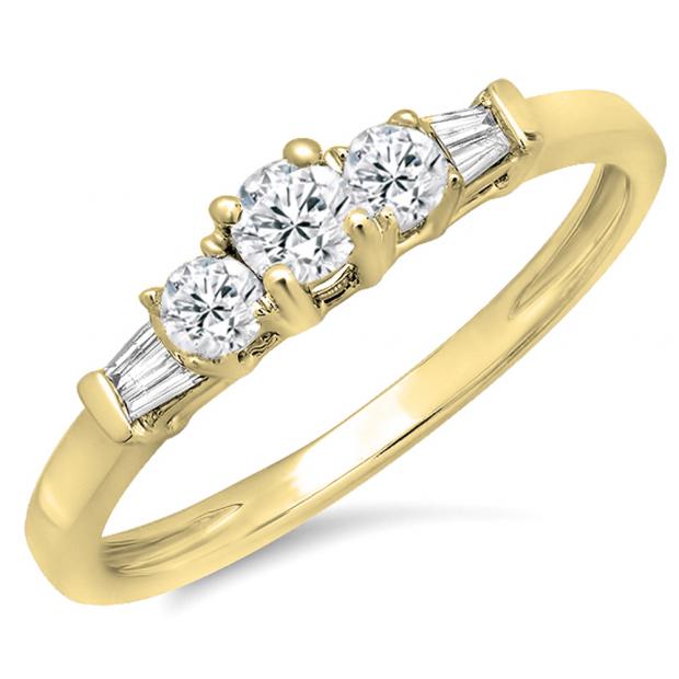 0.45 Carat (ctw) 10K Yellow Gold Round & Baguette Cut Diamond Ladies 3 Stone Engagement Bridal Ring