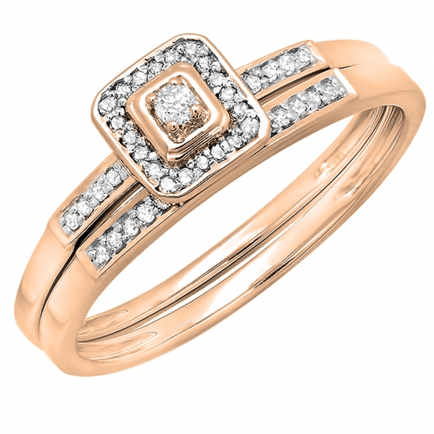 0.15 Carat (ctw) 14K Rose Gold Round Diamond Ladies Halo Engagement Bridal Ring Set Matching Wedding Band