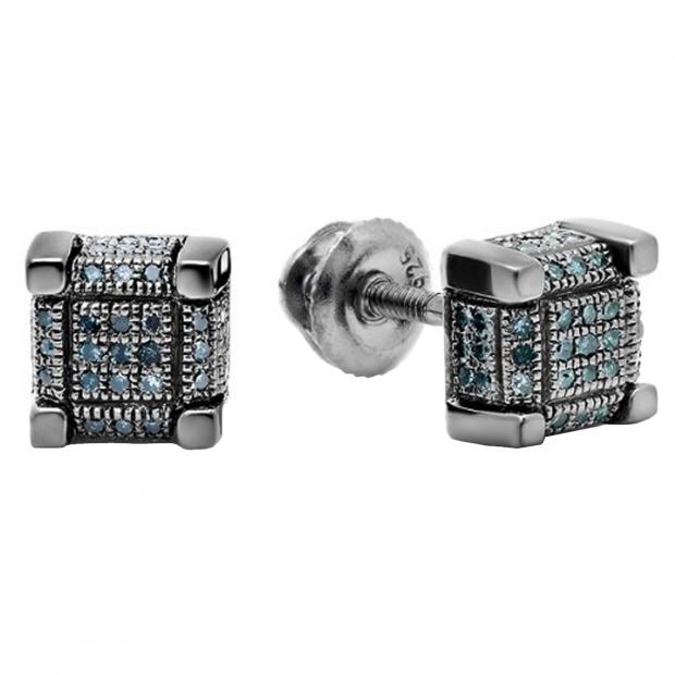 0.20 Carat (ctw) Sterling Silver Real Round Blue Diamond Iced Cube Dice Shape Stud Earrings