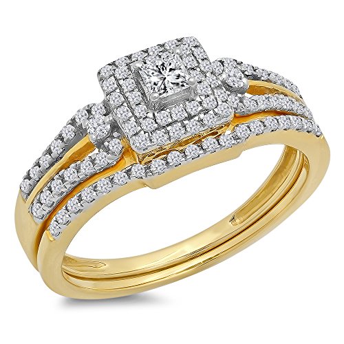 0.50 Carat (ctw) 14k Yellow Gold Round & Princess Diamond Ladies Bridal Engagement Ring Matching Band Set 1/2 CT