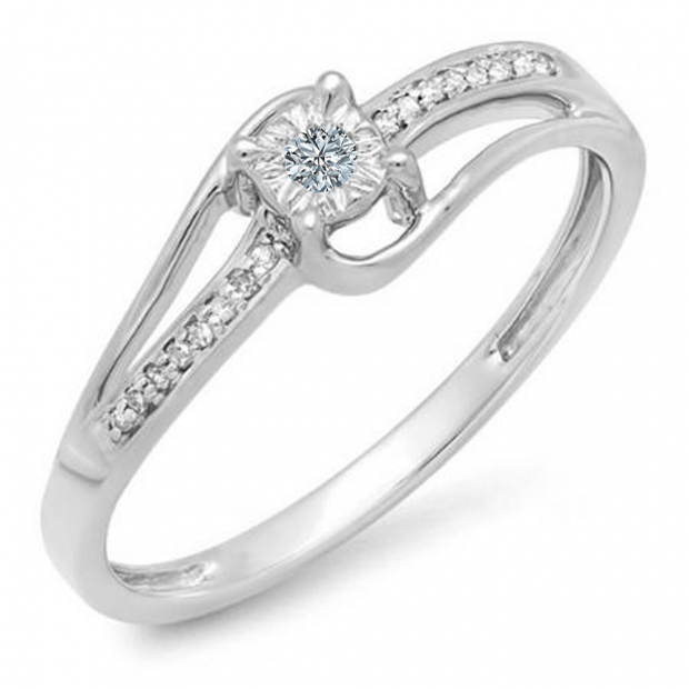 0.10 Carat (ctw) 18k White Gold Round Diamond Wave Ladies Bridal Promise Engagement Ring 1/5 CT