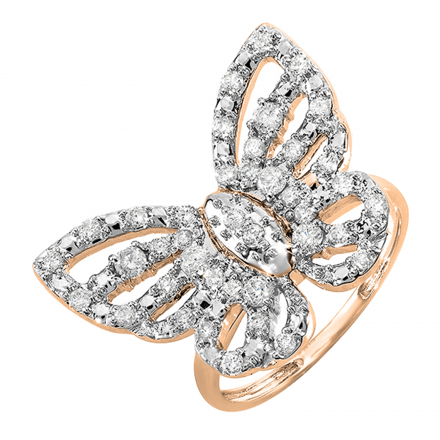 0.70 Carat (ctw) Round White Diamond Ladies Butterfly Cocktail Right Hand Ring 3/4 CT 14K Rose Gold