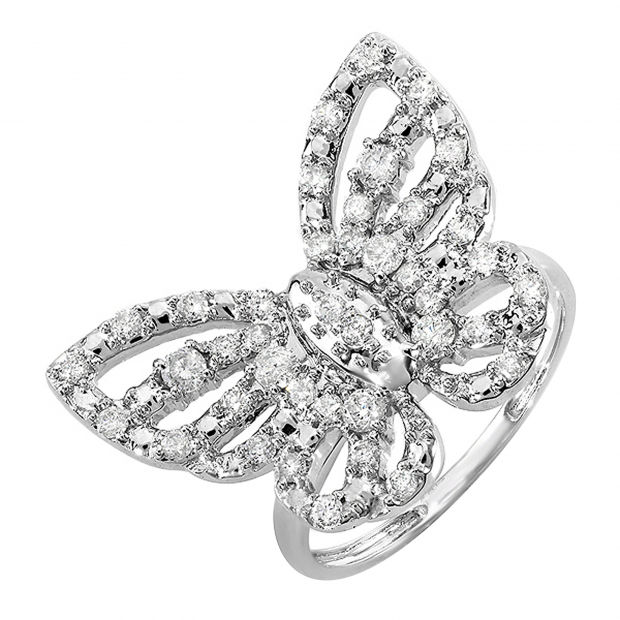 0.70 Carat (ctw) Round White Diamond Ladies Butterfly Cocktail Right Hand Ring 3/4 CT 14K White Gold