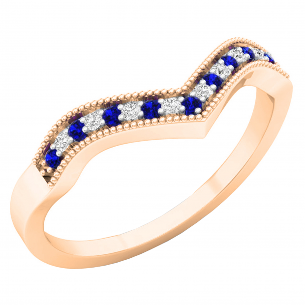0.12 Carat (ctw) 14K Rose Gold Round Blue Sapphire & White Diamond Wedding Stackable Band Anniversary Guard Chevron Ring