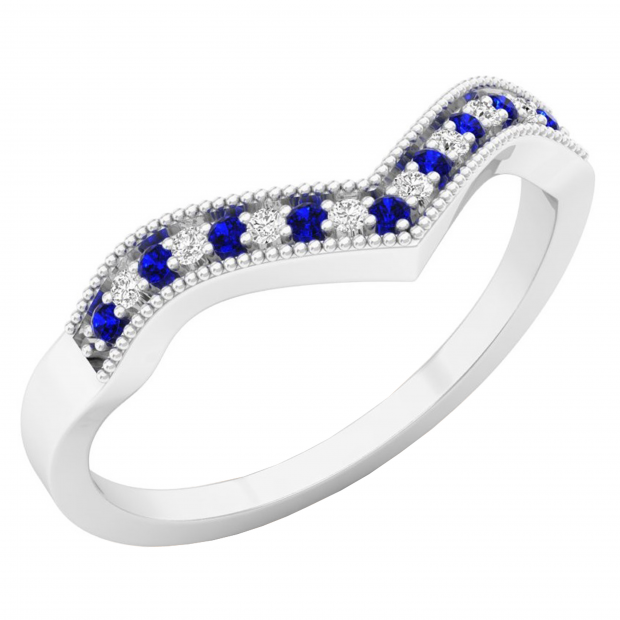 0.12 Carat (ctw) 18K White Gold Round Blue Sapphire & White Diamond Wedding Stackable Band Anniversary Guard Chevron Ring