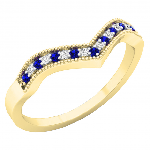 0.12 Carat (ctw) 18K Yellow Gold Round Blue Sapphire & White Diamond Wedding Stackable Band Anniversary Guard Chevron Ring