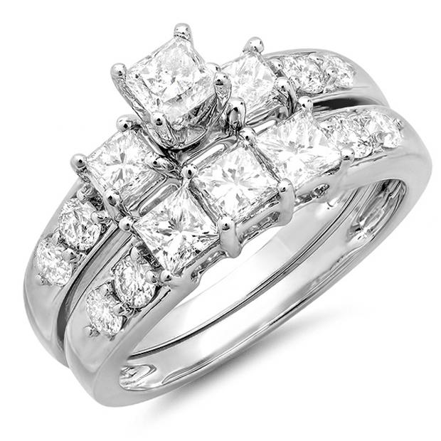 2.00 Carat (ctw) 10K White Gold Princess & Round Diamond 3 Stone Ladies Engagement Bridal Ring Set Matching Band 2 CT