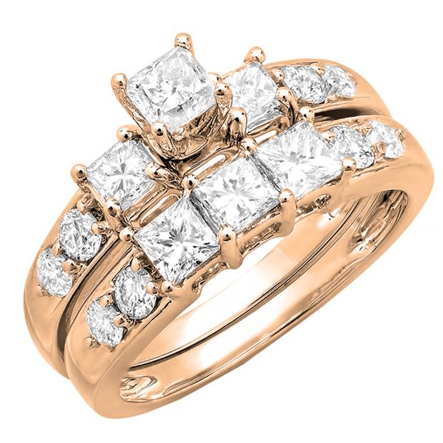 2.00 Carat (ctw) 18K Rose Gold Princess & Round Diamond 3 Stone Ladies Engagement Bridal Ring Set Matching Band 2 CT