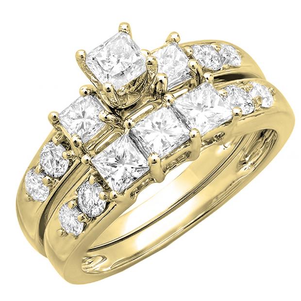 2.00 Carat (ctw) 18K Yellow Gold Princess & Round Diamond 3 Stone Ladies Engagement Bridal Ring Set Matching Band 2 CT