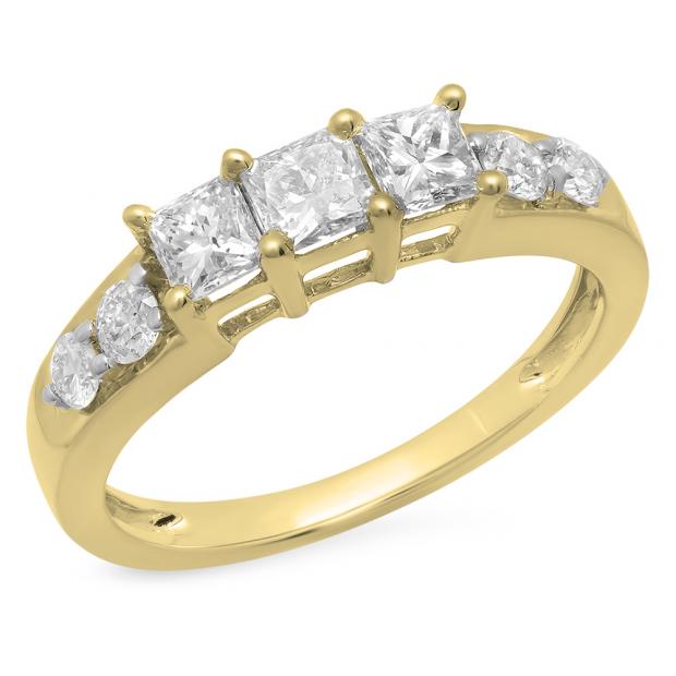 1.00 Carat (ctw) 14K Yellow Gold Princess & Round Cut Diamond Ladies Anniversary Wedding Band Stackable Ring 1 CT
