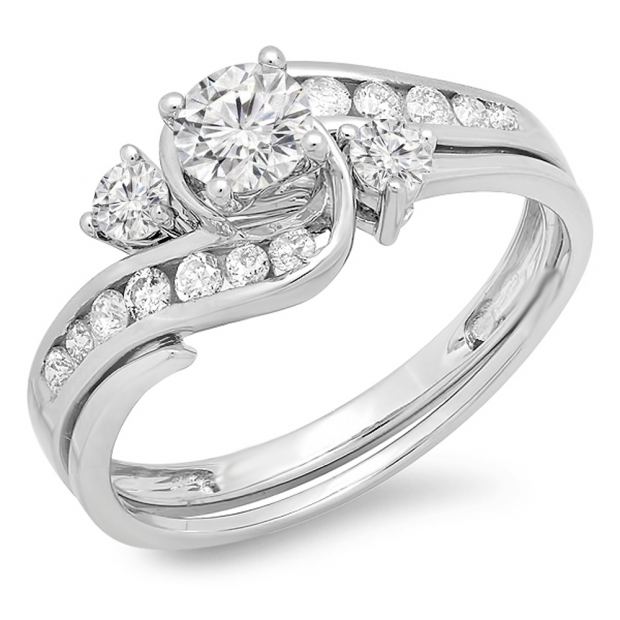 0.90 Carat (ctw) 14k White Gold Round Diamond Ladies Swirl Bridal Engagement Ring Matching Band Set