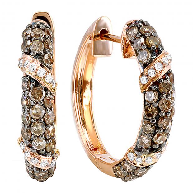 0.85 Carat (ctw) Round White & Champagne Diamond Ladies Hoop Earrings, 10K Rose Gold