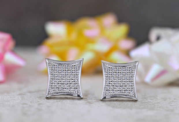 Square Kite Earrings Iced CZ Hip Hop Mens Ladies Real 14k Rose