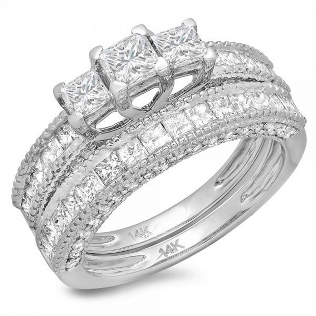 Buy 2.30 Carat  Ctw  14k White Gold Princess & Round Cut Diamond Ladies Engagement Bridal 3 Stone Ring With Matching Band Set 2 1 3 Ct