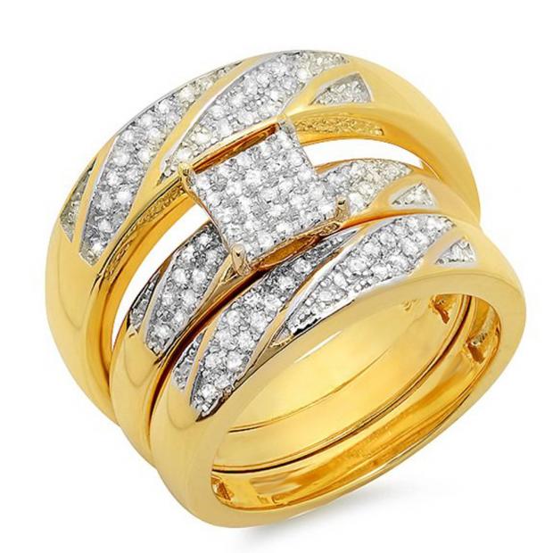 Sterling Silver ctw Round White Diamond Men & Women's Engagement Ring Trio Bridal Set 1/3 CT Dazzlingrock Collection 0.33 Carat