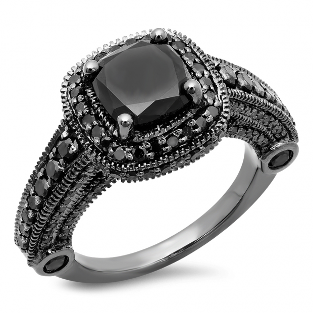 Trio Black Diamonds Engagement Ring Set, Wedding Anniversary