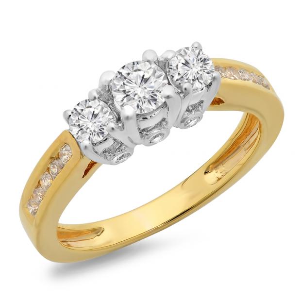 1.00 Carat (ctw) 10K Two Tone Gold Round Cut Diamond Ladies 3 Stone Bridal Engagement Ring 1 ct