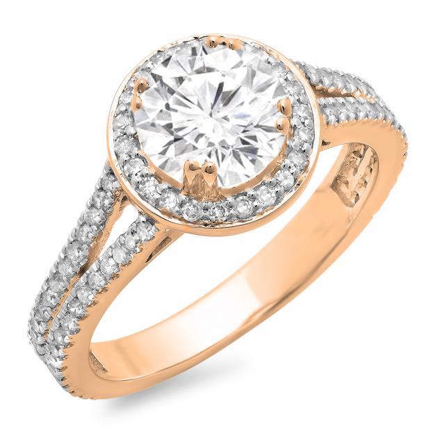 1.50 Carat (ctw) 18K Rose Gold Round Cut Diamond Ladies Bridal Split Shank Halo Engagement Ring 1 1/2 CT
