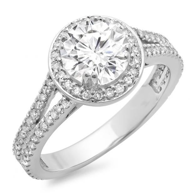 1.50 Carat (ctw) 18K White Gold Round Cut Diamond Ladies Bridal Split Shank Halo Engagement Ring 1 1/2 CT