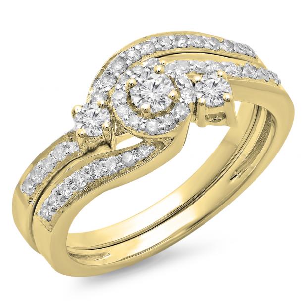 0.65 Carat (ctw) 10K Yellow Gold Round Diamond Ladies Twisted Swirl Bridal Halo Engagement Ring With Matching Band Set