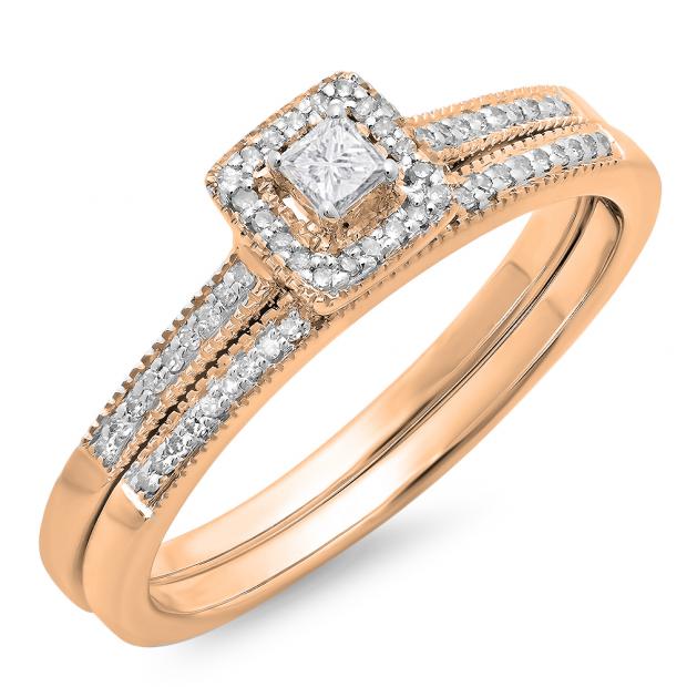 0.25 Carat (ctw) 10K Rose Gold Princess & Round Diamond Ladies Milgrain Bridal Halo Engagement Ring With Matching Band Set 1/4 CT
