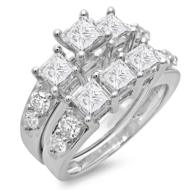 3.10 Carat (ctw) 18K White Gold Princess & Round Diamond Ladies Bridal 3 Stone Engagement Ring With Matching Band Set 3 1/10 CT