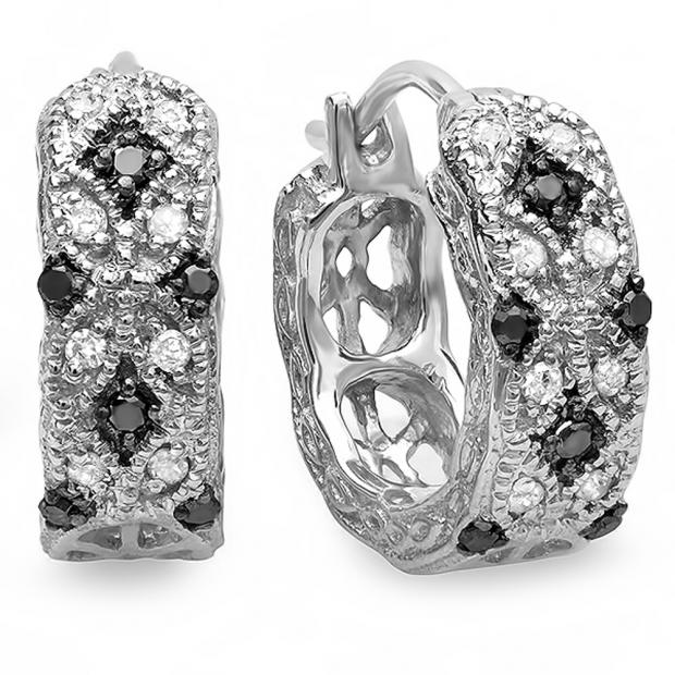 0.22 Carat (ctw) 10K White Gold Round Black & White Diamond Ladies Hoop Earrings 1/4 CT