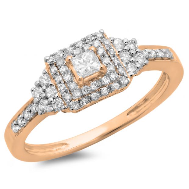 0.45 Carat (ctw) 18K Rose Gold Princess & Round Diamond Ladies Bridal Halo Engagement Ring 1/2 CT