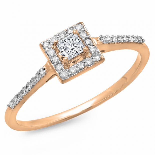 0.40 Carat (ctw) 10K Rose Gold Princess & Round Cut Diamond Ladies Bridal Halo Engagement Ring