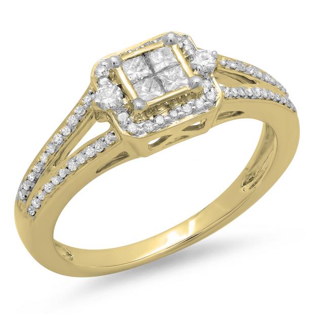 0.45 Carat (ctw) 14K Yellow Gold Princess & Round Cut Diamond Ladies Split Shank Bridal Engagement Ring 1/2 CT