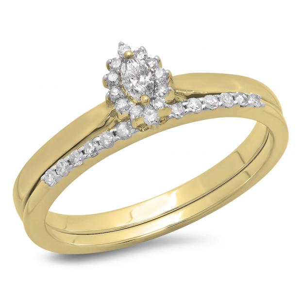 0.25 Carat (ctw) 14K Yellow Gold Marquise & Round Cut Diamond Ladies Bridal Halo Style Engagement Ring Matching Band Set 1/4 CT