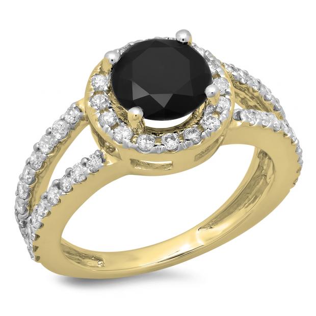 2.33 Carat (ctw) 14K Yellow Gold Round Black & White Diamond Ladies Bridal Split Shank Halo Style Engagement Ring