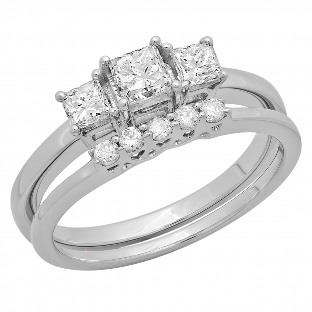 0.90 Carat (ctw) 14K White Gold Princess & Round Cut Diamond Ladies 3 Stone Bridal Engagement Ring With Matching 5 Stone Wedding Band Set