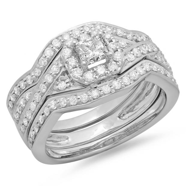1.25 Carat (ctw) 10K White Gold Princess & Round Cut Diamond Ladies Swirl Split Shank Bridal Halo Engagement Ring With Matching Bands 3 pcs Set 1 1/4 CT