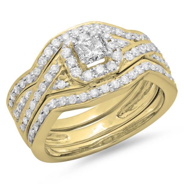 1.25 Carat (ctw) 14K Yellow Gold Princess & Round Cut Diamond Ladies Swirl Split Shank Bridal Halo Engagement Ring With Matching Bands 3 pcs Set 1 1/4 CT