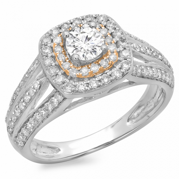 1.10 Carat (ctw) Two Tone Rose Gold Plated 14K White Gold Round Cut Diamond Ladies Split Shank Vintage Style Bridal Halo Engagement Ring 1 CT