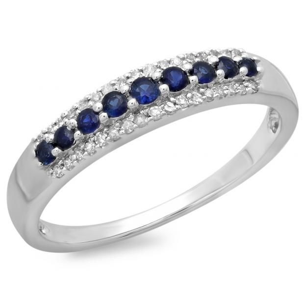 0.30 Carat (ctw) 14K White Gold Round Blue Sapphire & White Diamond Ladies Anniversary Wedding Band Stackable Ring 1/3 CT