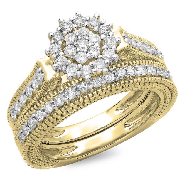 0.85 Carat (ctw) 10K Yellow Gold Round Cut Diamond Ladies Vintage Style Bridal Cluster Engagement Ring With Matching Band Set