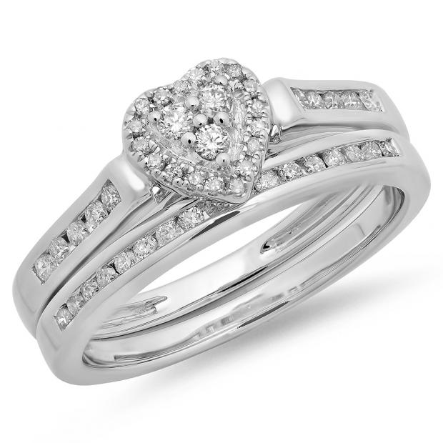 0.50 Carat (ctw) 14K White Gold Round Cut Diamond Ladies Heart Shaped Bridal Engagement Ring With Matching Band Set 1/2 CT