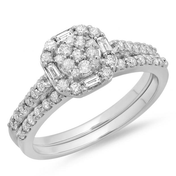 0.80 Carat (ctw) 14K White Gold Round & Baguette Cut Diamond Ladies Cluster Bridal Engagement Ring With Matching Band Set 3/4 CT