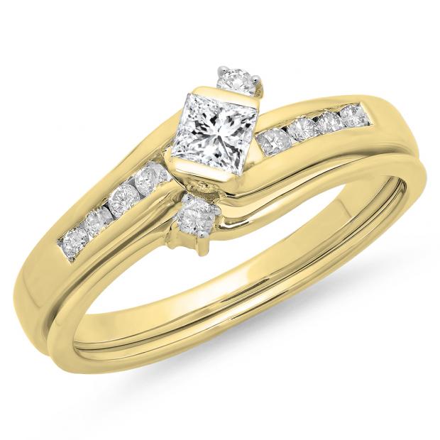 0.60 Carat (ctw) 14K Yellow Gold Princess & Round Cut Diamond Ladies Bridal Swirl Engagement Ring With Matching Band Set