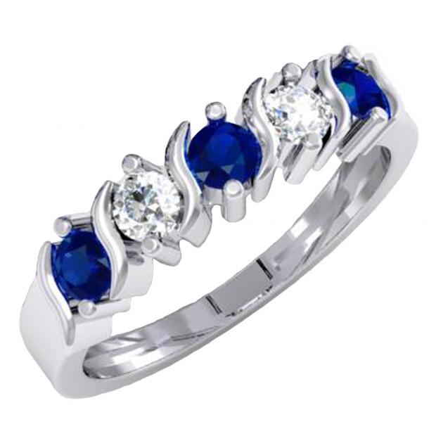 0.80 Carat (ctw) 10K White Gold Round Blue & White Sapphire Ladies 5 Stone Bridal Anniversary Wedding Band 3/4 CT