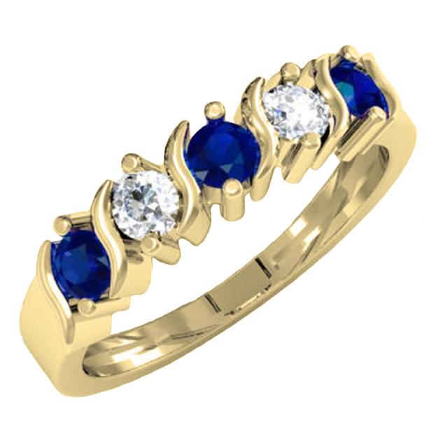 0.80 Carat (ctw) 14K Yellow Gold Round Blue & White Sapphire Ladies 5 Stone Bridal Anniversary Wedding Band 3/4 CT