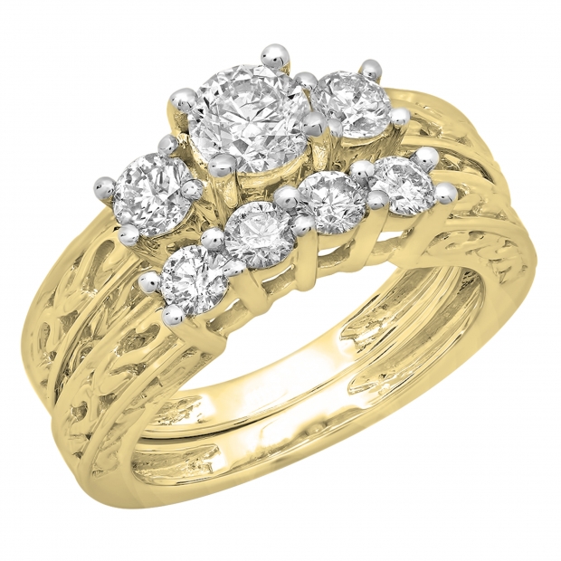 1.50 Carat (ctw) 10K Yellow Gold Round Cut Diamond Ladies Vintage 3 Stone Bridal Engagement Ring With Matching 4 Stone Wedding Band Set 1 1/2 CT